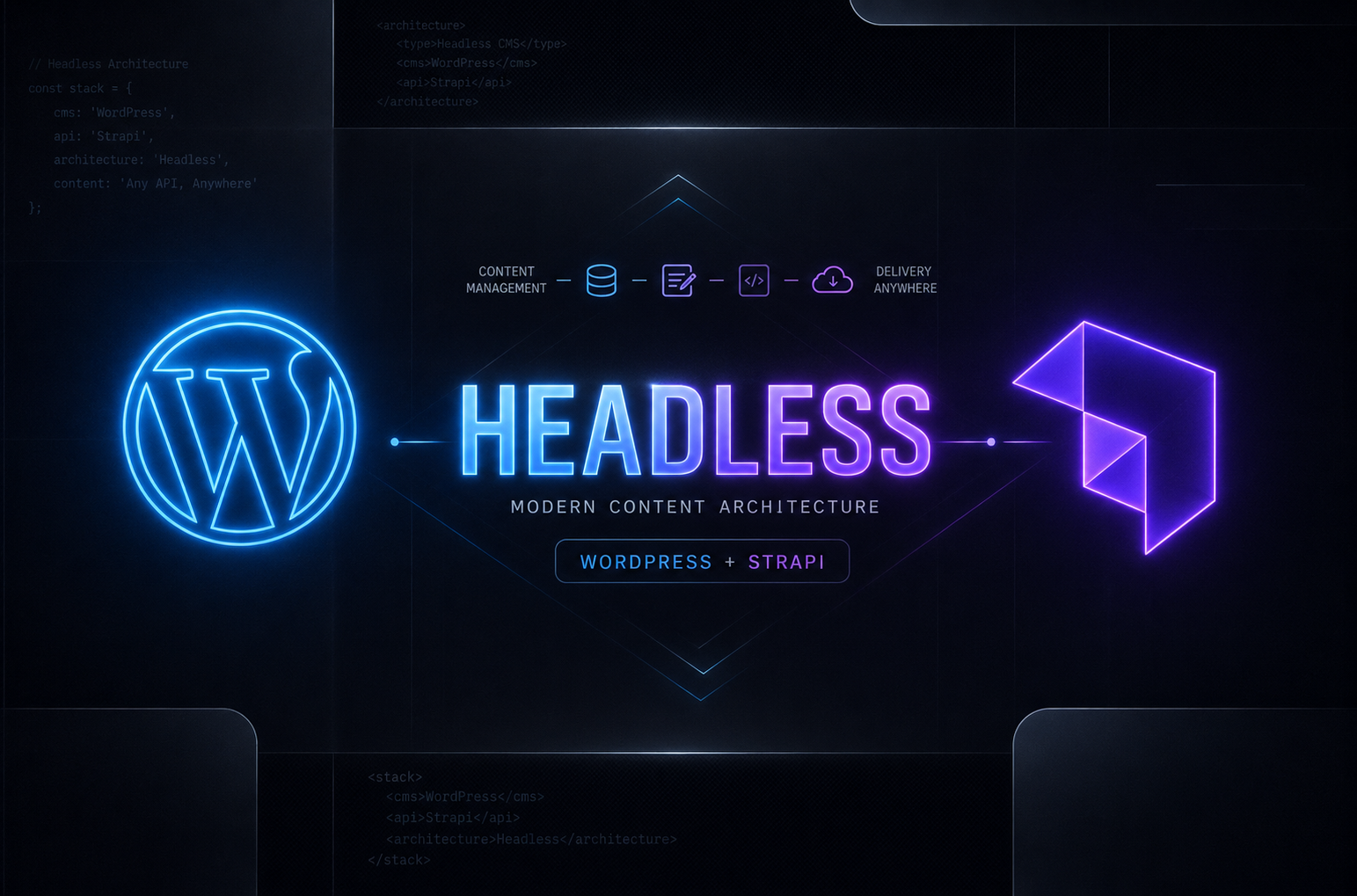 Ilustración futurista comparando bases de datos de WordPress y Strapi.